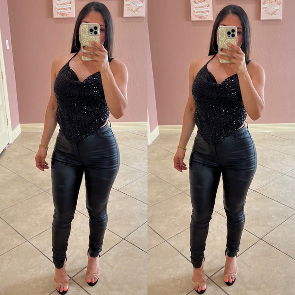 Black Sequin Cowl Neck Top