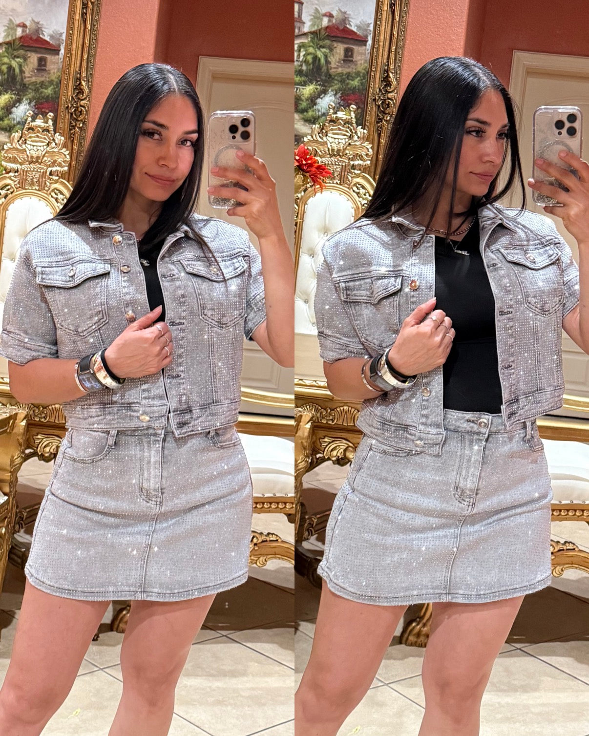 Anabel Rhinestone Short Sleeve Jacket- gray