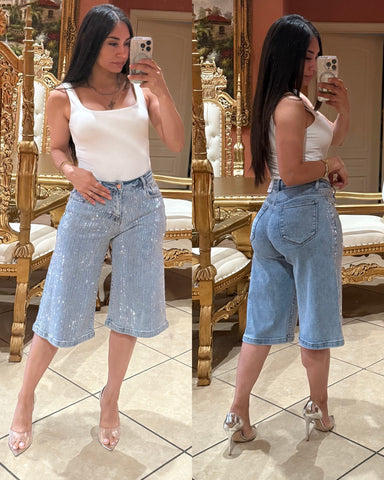 Silvia Rhinestone Bermuda Shorts -light blue