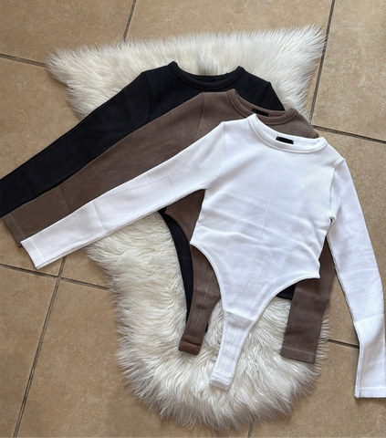Basic Ribbed Wash Long Sleeve Bodysuit- white