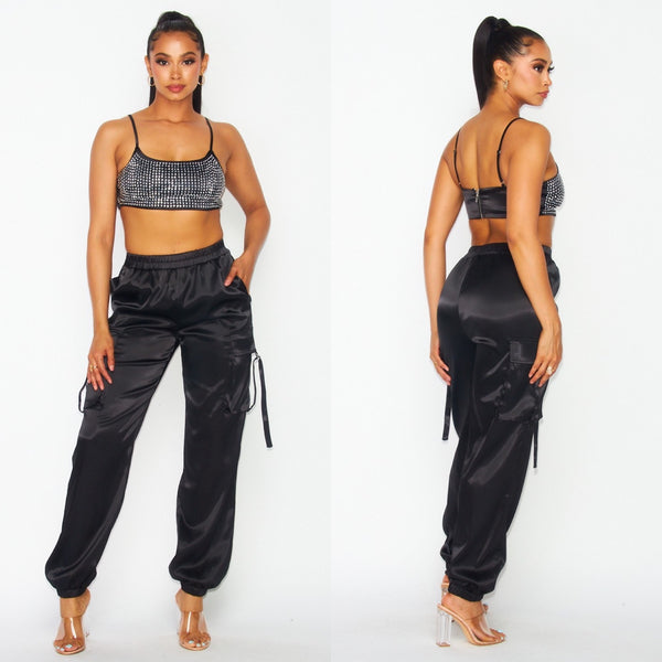 My life Rhinestone Satin Cargo Jogger Set- black