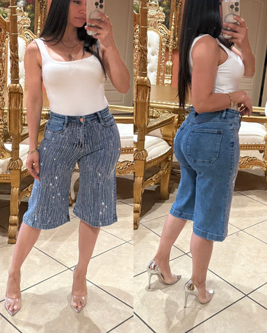 Silvia Rhinestone Bermuda Shorts -medium blue
