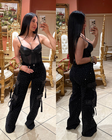 Melania Rhinestone High Waisted Cargo Jeans- black