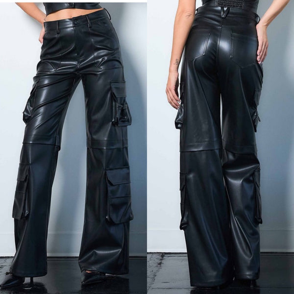 Chantel Vegan Leather Cargo Pants- black
