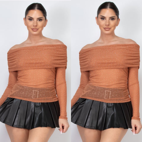 Jasmin Rhinestone Mesh Top -mocha