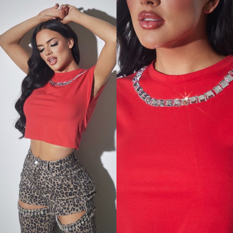 Nina Rhinestone Top- red