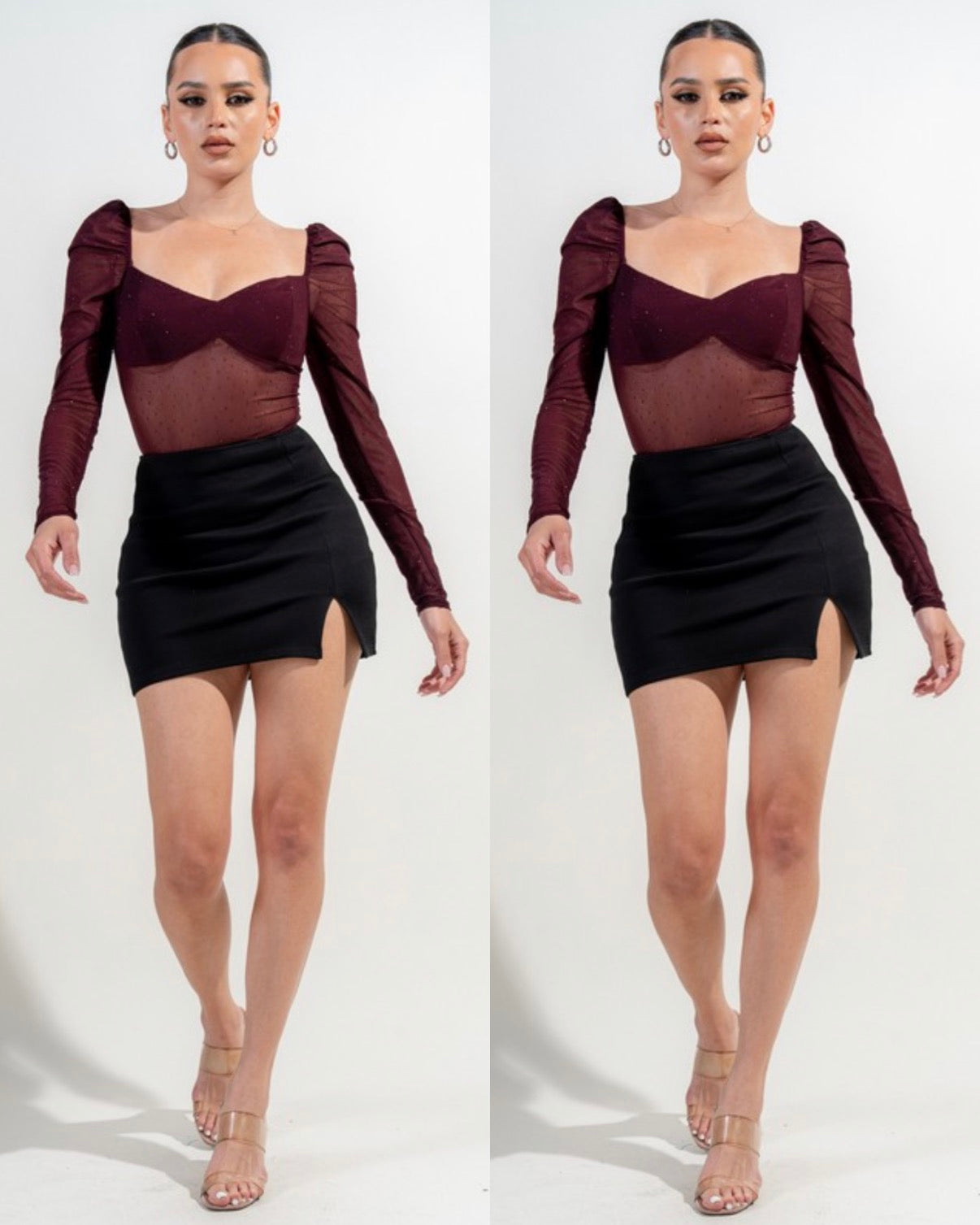 Jennifer Rhinestone Mesh Bodysuit- dark cherry