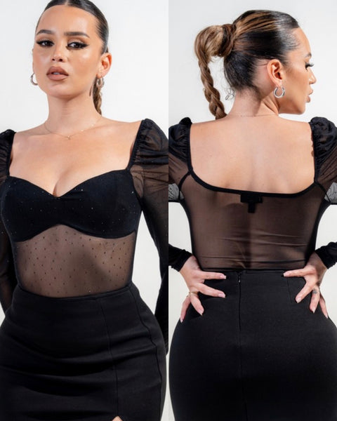 Jennifer Rhinestone Mesh Bodysuit- black