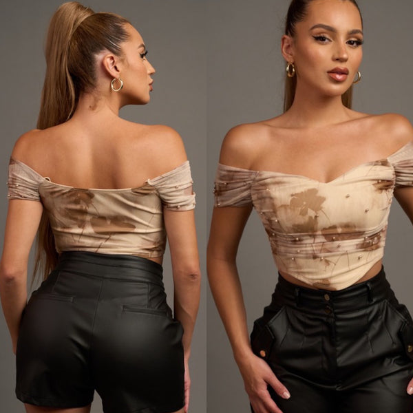 Carly Pearl Embellished Top- brown
