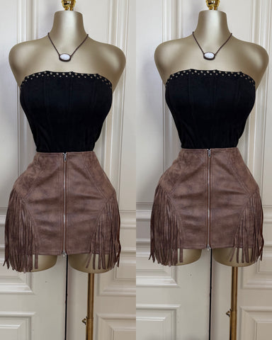 Carly Fringe Mini Skirt- Latte