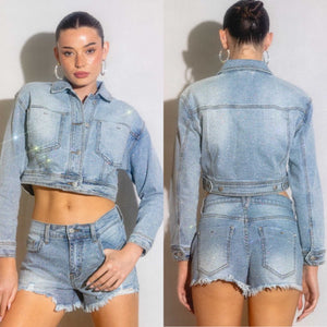 Rhinestone Cropped denim Jacket