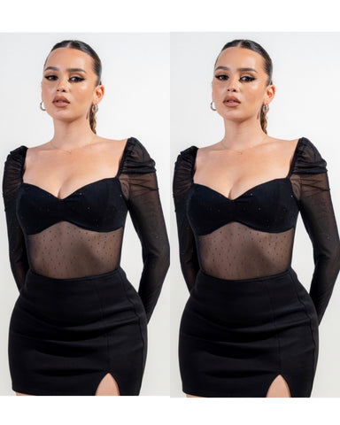 Jennifer Rhinestone Mesh Bodysuit- black