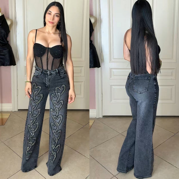 Rhinestone Heart Jeans - gray