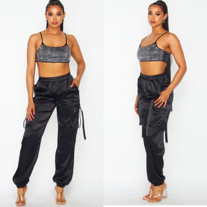 My life Rhinestone Satin Cargo Jogger Set- black