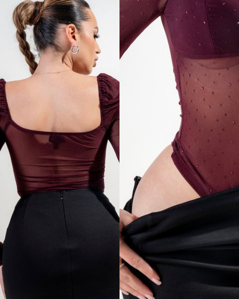 Jennifer Rhinestone Mesh Bodysuit- dark cherry