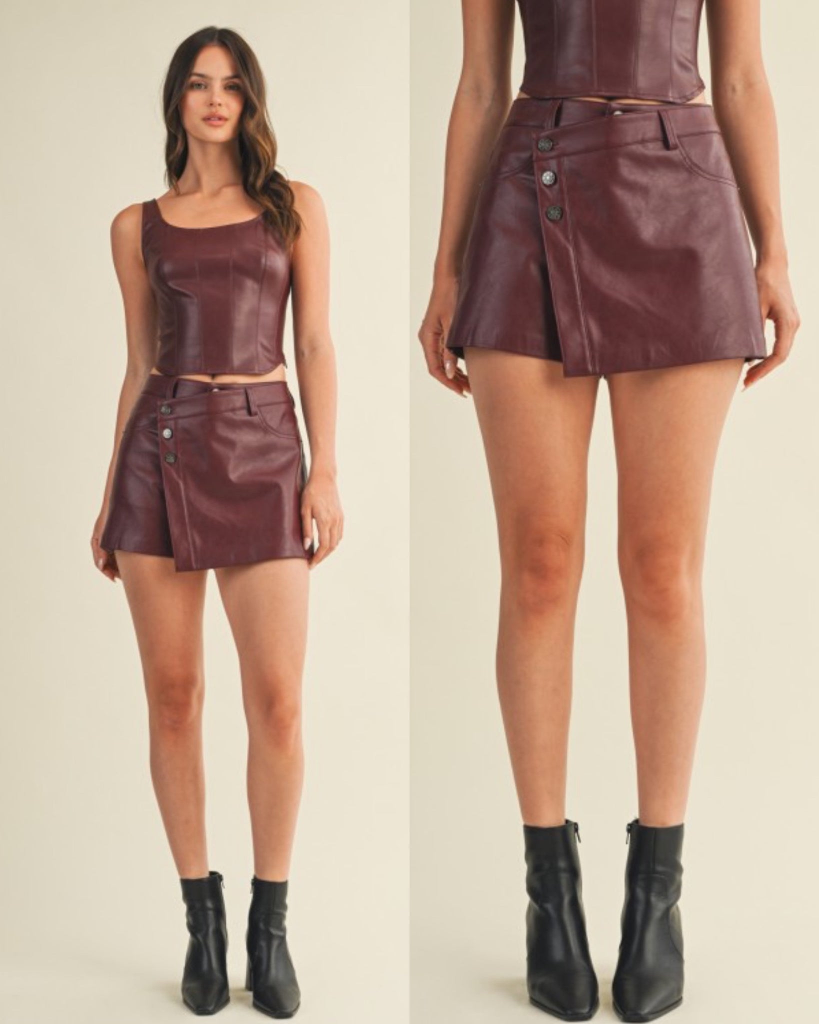 Terri Faux Leather Skort -wine