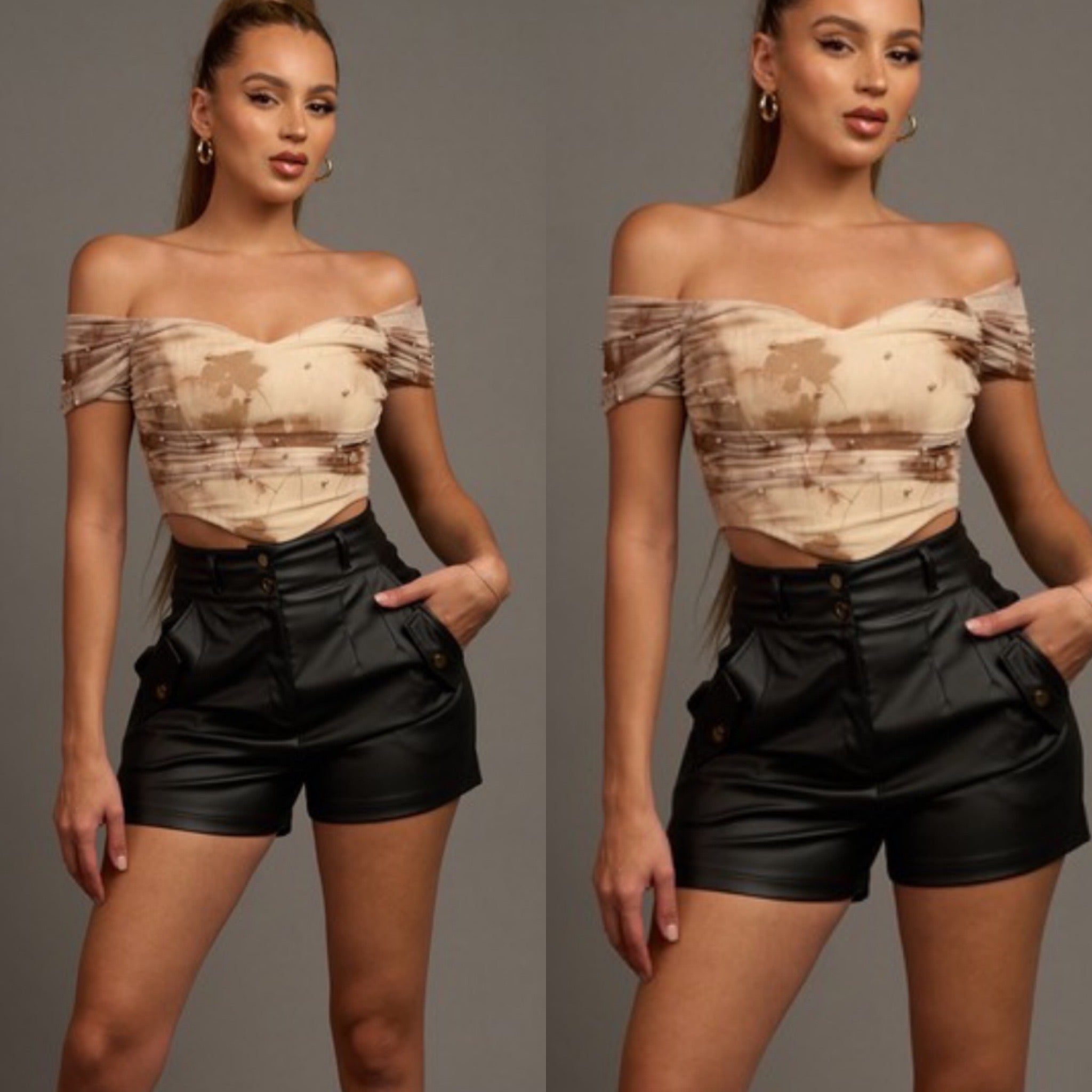 Carly Pearl Embellished Top- brown