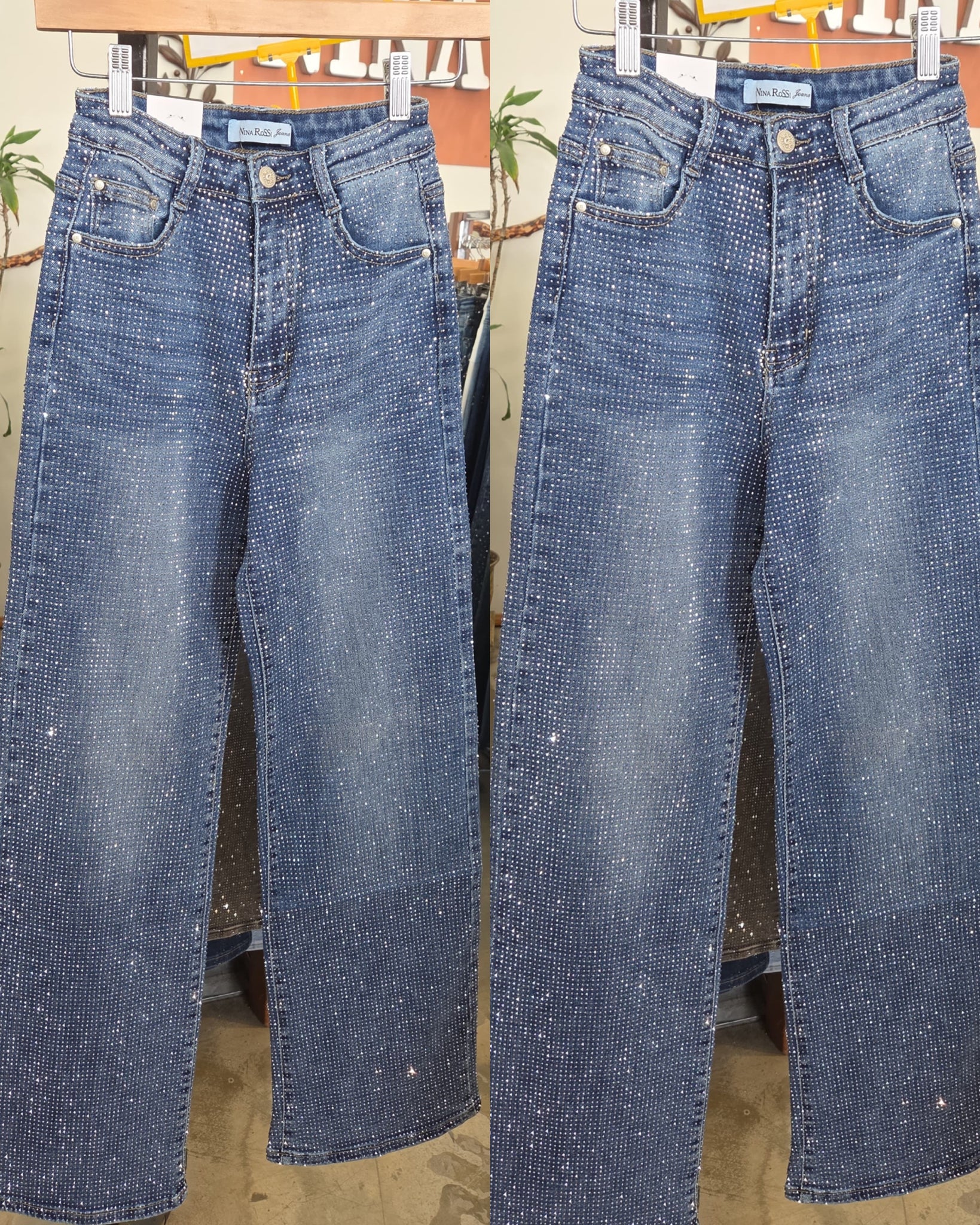 Anabel Rhinestone Wide Leg Jeans- Medium Blue – Berlin's Boutique
