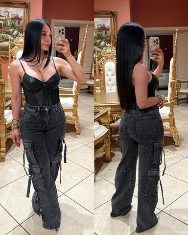 Melania Rhinestone High Waisted Jeans- gray