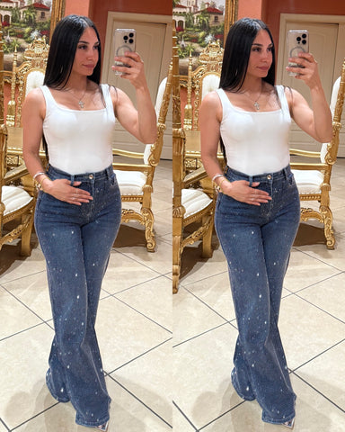 Anabel Rhinestone Wide Leg Jeans- Dark blue