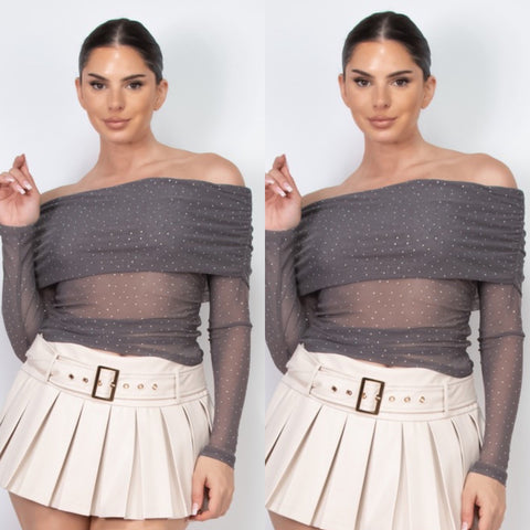 Jazmin Rhinestone Mesh Top- grey