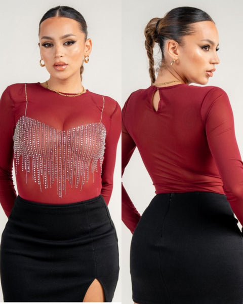 Rosy Rhinestone mesh bodysuit -black