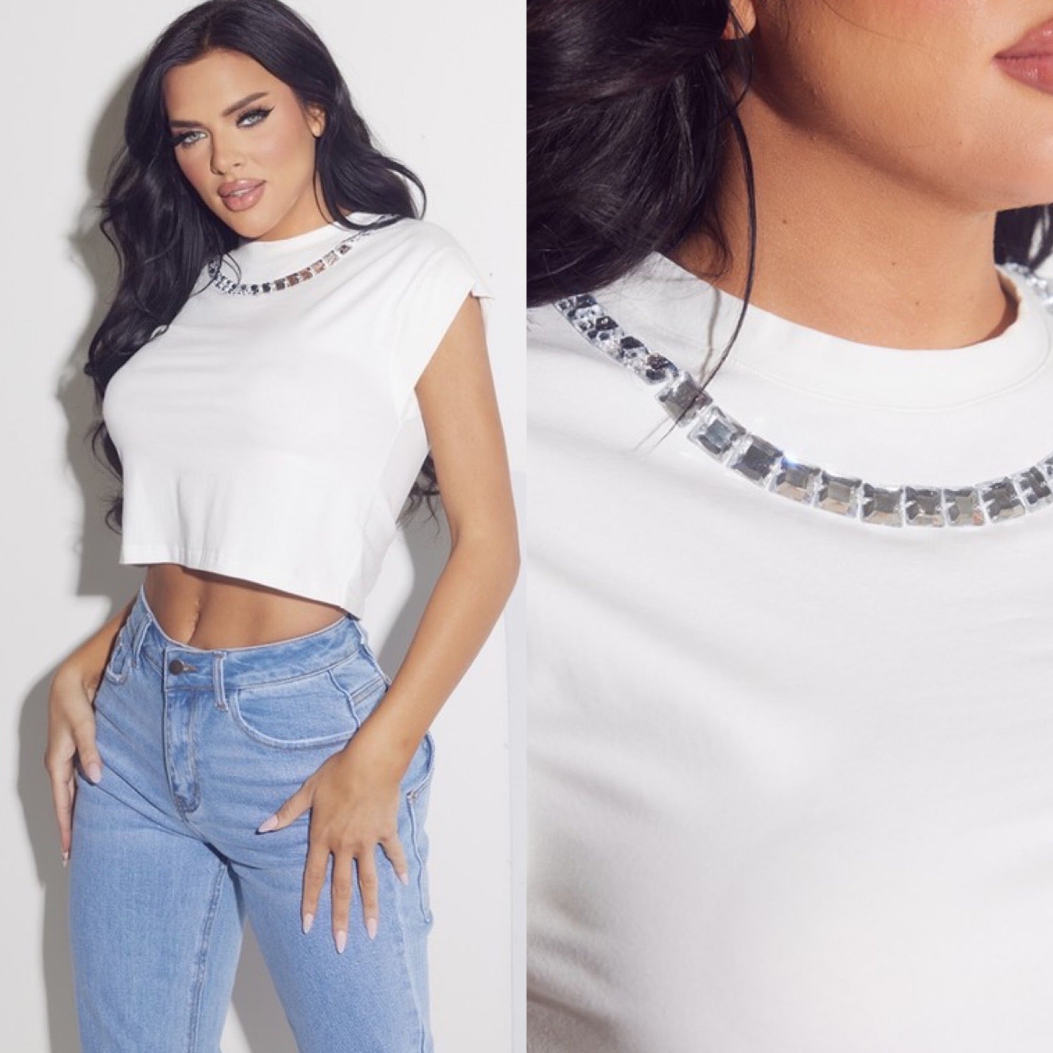 Nina Rhinestone Top- white