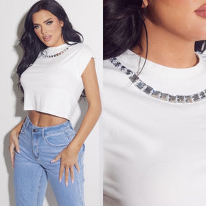 Nina Rhinestone Top- white