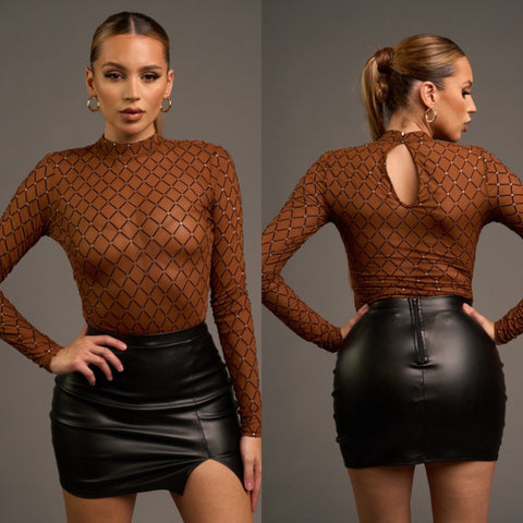 Aly Mesh Rhinestone Bodysuit- brown