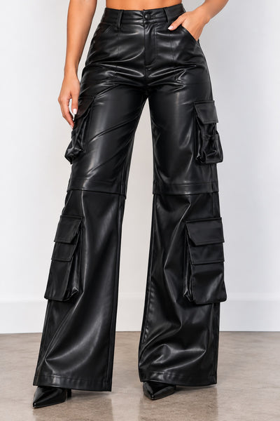 Chantel Vegan Leather Cargo Pants- black