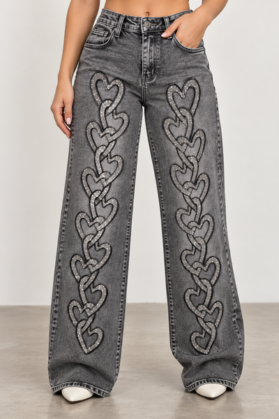 Rhinestone Heart Jeans - gray