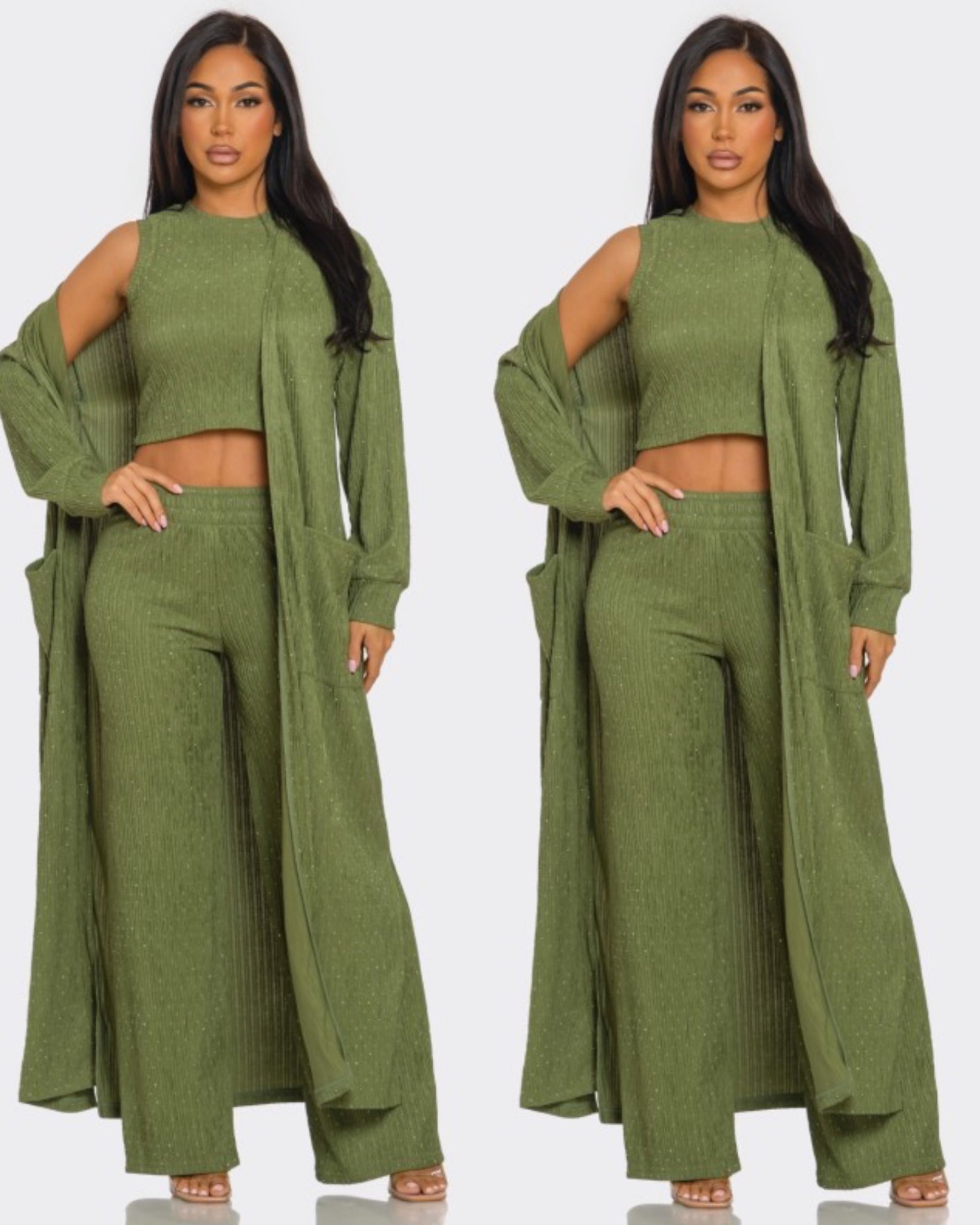 Becky 3pc Crinkle Rhinestone Set- olive