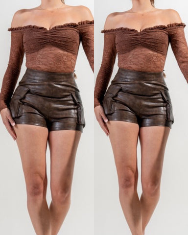 Romeo Tie-dye Faux Leather Shorts- chocolate