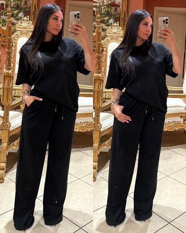 Laura All-over Rhinestone Oversized Tee and Pants Set-black