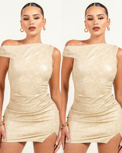 Milena Faux Leather Dress- beige