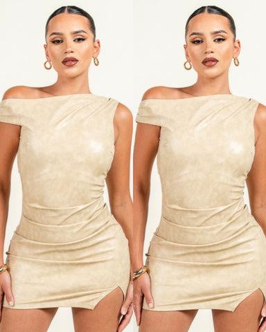 Milena Faux Leather Dress- beige