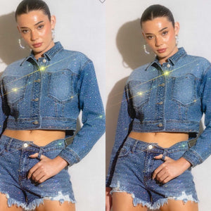 Rhinestone Cropped Denim Jacket