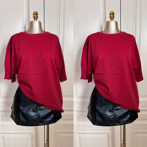 Lilian Oversized Rhinestone Tshirt- red