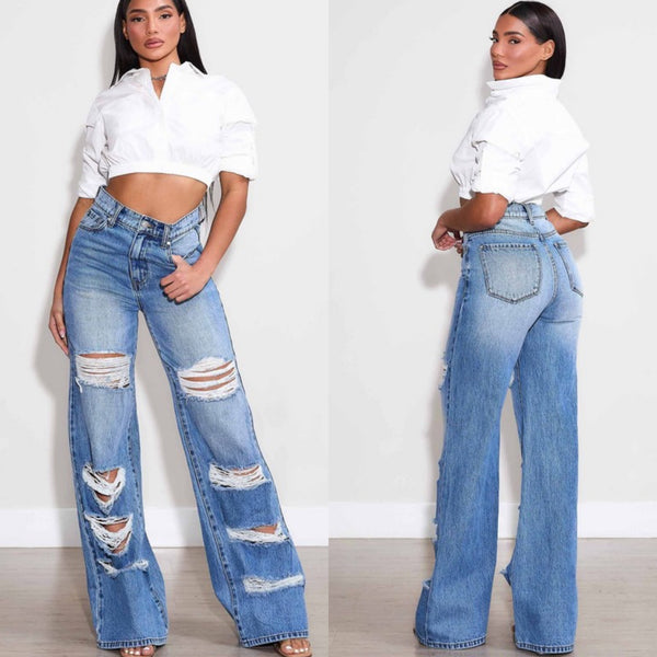 Nova Distressed Wide Leg Jeans