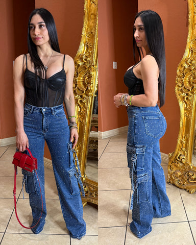 Melania Rhinestone High Waisted Jeans - blue