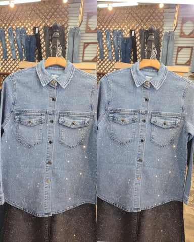 Fatima Rhinestone Long Sleeve Shirt -light blue