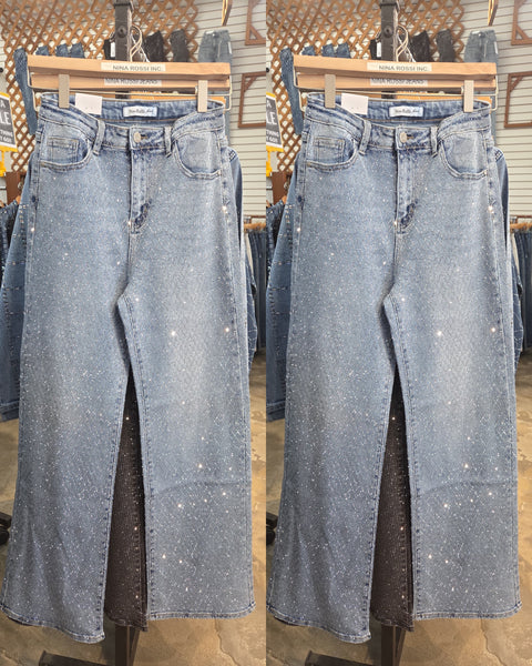 Zayra Rhinestone Wide Leg Jeans -light blue
