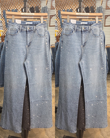 Zayra Rhinestone Wide Leg Jeans -light blue
