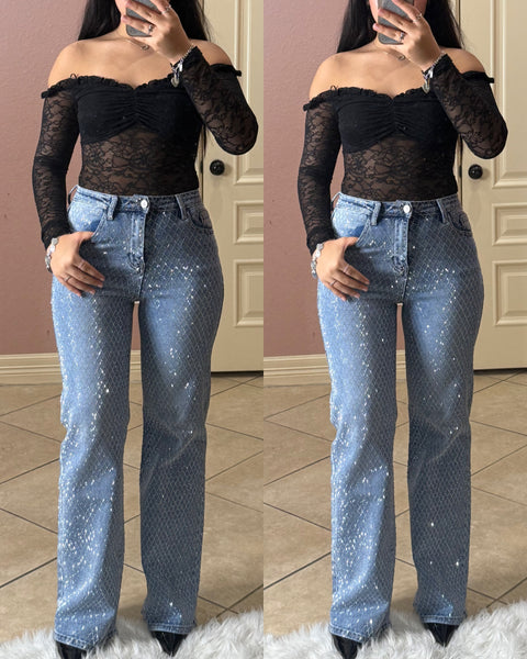 Zayra Rhinestone Wide Leg Jeans -light blue